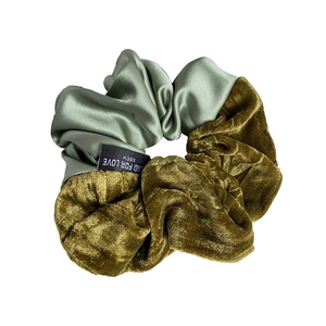 French velvet and satin scrunchie in sage and olive green with elegant printed tag