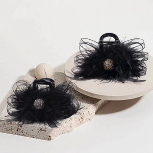 Vintage Elegant Black Feather Gauze Bow Hair Claw Clip For Women Rhinestone Mesh Butterfly Shark Clip Noble Hair Accessory