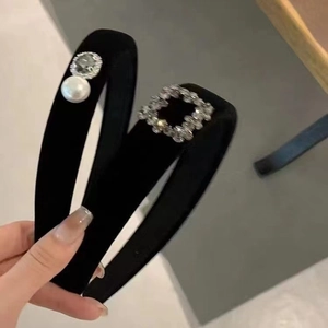 Cerchietto Vintage in Velluto Nero Con Fibbia Quadrata in Strass Perla Artificial Sintetica Elegante Stile Francese Donna