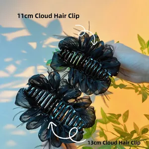 Detail showing 11cm and 13cm black mesh hair claws with feathers and rhinestones