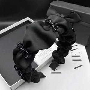 Elegant Black Satin Ruched Headband For Women Handmade Beaded Bow Hair Band Fashion Chic Ruched Hair Hoop Accessory