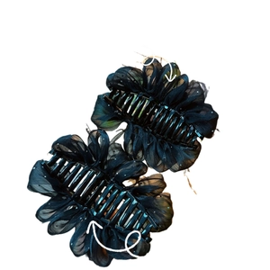 Set of two black mesh flower hair claws with white polka dots for elegant styling