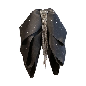 Elegant black satin bow hair claw clip with sparkling rhinestone tassels for women