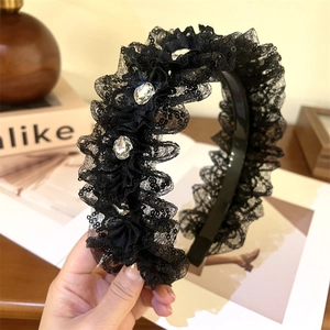 Elegant Black Lace Pleated Headband With Sparkling Rhinestones And Sequins For Women Vintage Hair Accessories Party Headpiece