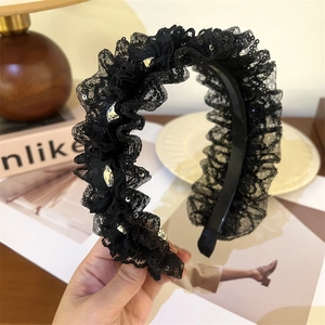 Elegant black lace headband with rhinestones and sequins for a high-crown stylish look