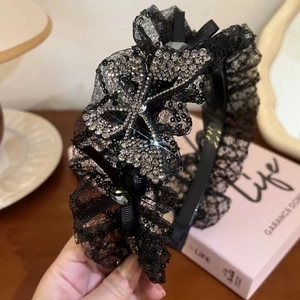 Französischer Stil Schwarz Plissee Spitze Haarreif Mit Pailletten Strass Schmetterling Schleife Elegant Haarband Damen