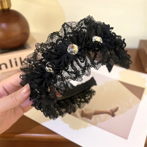 Elegant black lace headband with rhinestones and pleated mesh veil for women