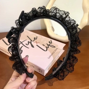 Schwarzes Mesh-Haarband im französischen Stil mit Pailletten und gefaltetem Spitzen-Design