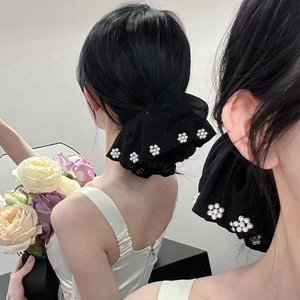 Women Elegant Black Large Scrunchie With White Artificial Pearl Flower Decor Shimmer Fabric Elastic Hair Tie For Girls Hair Accessories