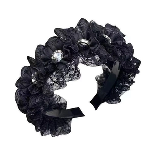 Elegant black lace pleated headband with sparkling rhinestones for sophisticated styling