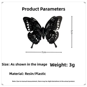 Detailed size view of black 3D double-layered butterfly hair clip with resin material