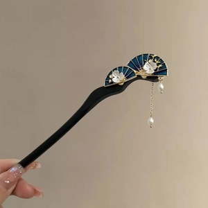 Pic à Cheveux en Bois Style Chinois Classique avec Éventails en Émail et Glands de Künstliche Perles pour Mariage et Fête Femme