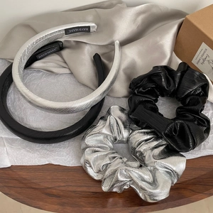 Handmade Synthetic Leather Padded Headband And Ruched Scrunchie For Women Vintage Silver Black Hair Accessories