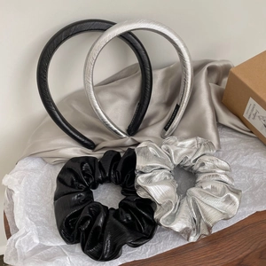 Silver and black sponge headband set with matching scrunches in metallic faux leather