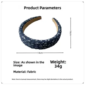 Detail view of denim headband with silver sequins, dimensions 14x16cm and weight 34g
