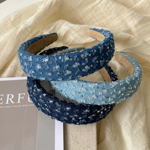 Three-piece denim sponge headband set with silver sequins and distressed frayed edges