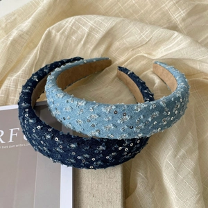 Fashion denim headbands in light and dark blue with silver sequins and sponge padding
