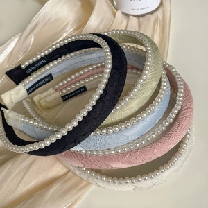 Vintage French Jacquard Fabric Headband With Faux Artificial Pearl Elegant Handmade Sponge Padded Hair Band For Women Hair Accessories