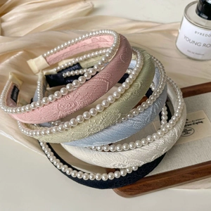 Floral jacquard padded headband with elegant pearls in pink blue white and black colors