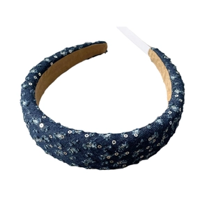 Fashionable denim padded headband with silver sequins and khaki non-slip velvet lining