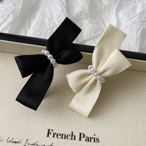 French Vintage Satin Bow Hair Clip With Faux Artificial Pearls Elegant Sweet Ribbon Duckbill Clip Headwear For Women Daily Hair Accessories