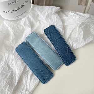 Three-piece set of stylish denim rectangle hair clips in light and dark blue tones