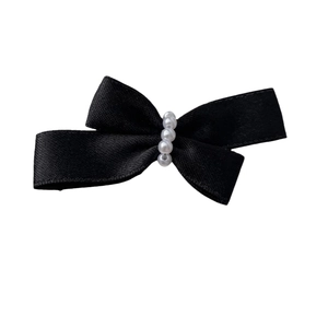 Elegant black satin bow hair clip with vertical pearl embellishments for women