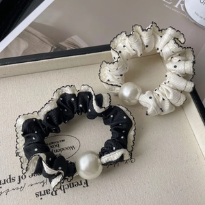 French style polka dot scrunchie set with lace edges and elegant pearl decoration