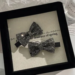 Korean Style Sparkly Black Rhinestone Bow Hair Clip Sweet Cool Fashion Duckbill Side Bangs Clip For Women Jewelry