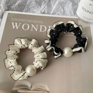 French Vintage Polka Dot Scrunchies With Large Artificial Pearl Elegant Satin Fabric Hair Ties For Women Hair Accessories