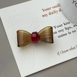 Detailed macro of translucent acetate bow hair clip with gold France Handmade lettering