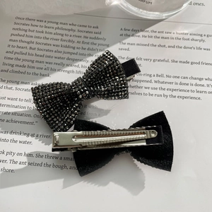 Sparkling black rhinestone bow hair clip set with polished silver metal alligator clip