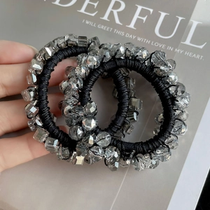 Three-piece set of elegant grey crystal hair ties with high-elasticity black fabric cords