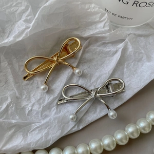 Eleganti fermagli per capelli a fiocco in metallo con perle bianche in oro e argento