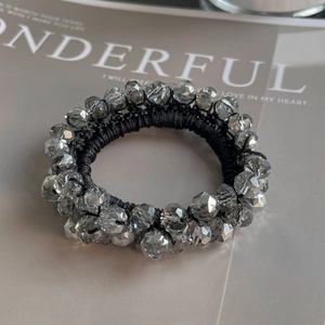 Elegant silver-grey crystal beaded hair tie with elastic woven rope for women