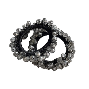 Elegant elastic hair tie with grey faceted crystal beads and durable black woven cord