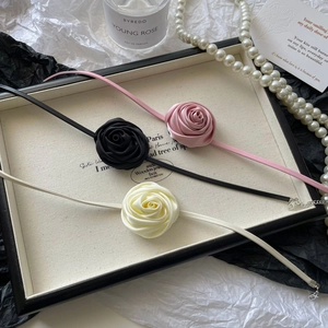 French Vintage Handmade 3D Satin Rose Flower Choker Necklace Elegant Fabric Lace Up Neckband Party Jewelry For Women
