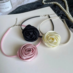 Elegant rose choker necklace set in pink black and beige colors with satin fabric
