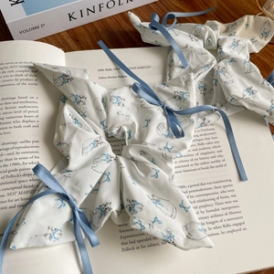 Sweet Ballet Bow Scrunchie Long Blue Ribbon Streamer Large Hair Ties Satin Fabric Cat Print Ponytail Holder For Women Girls