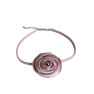 Elegant pink silk rose choker necklace with adjustable silver clasp on white background