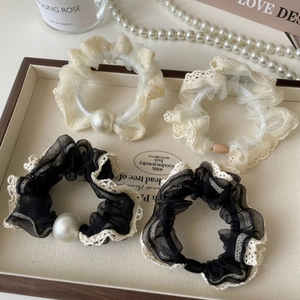 Vintage French Mesh Lace Scrunchy Elegant Faux Artificial Pearl Hair Tie Elastic Mesh Lace Trim Headband For Women Hair Accessories