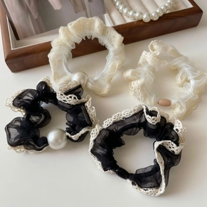 Lace mesh scrunchies set with pearls and beads in vintage black and beige colors