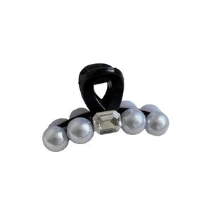 Mini pince à cheveux noire élégante avec perles blanches et cristal rectangulaire