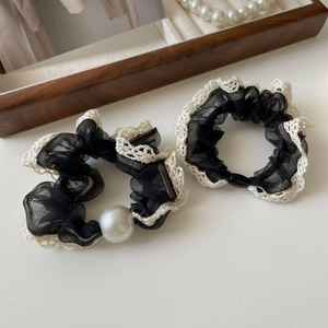 Elegant black organza lace scrunchies set with pearl beads and vintage mesh fabric