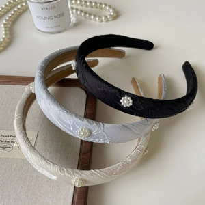 Vintage Elegant Artificial Pearl Flower Headband For Women French Style Jacquard Fabric Retro Padded Hair Hoop Accessory