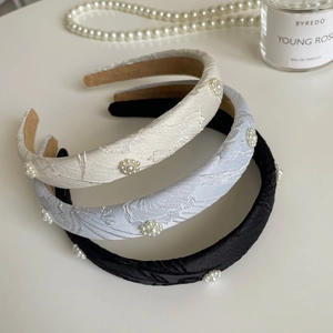 Vintage style padded headbands set with pearl flower embroidery in black blue and ivory