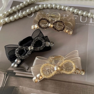 Pinces à cheveux élégantes avec nœud en maille et strass, noir, champagne et beige