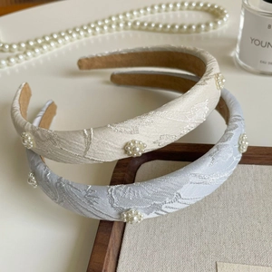 Vintage retro style floral embroidered headbands with elegant pearl flower accents