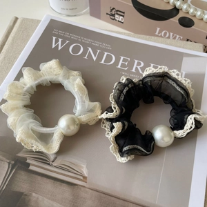 Elegant organza lace scrunchies set with large pearl decor in black and cream white