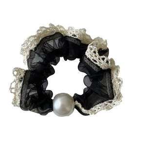 Elegant retro black mesh hair scrunchie with white lace edges and a large pearl bead